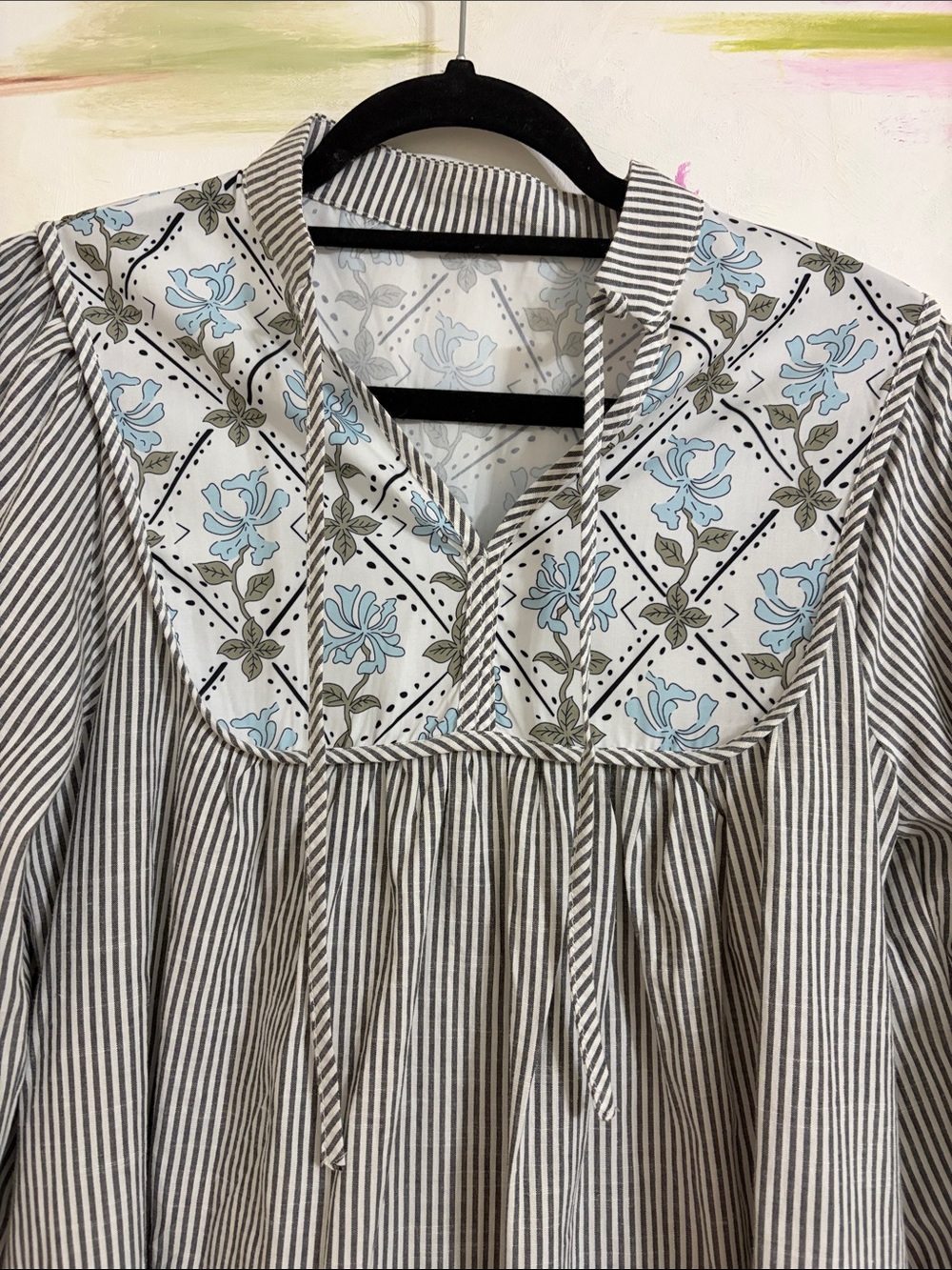 Women Grey Stripe Dress with Blue Embroidered Yoke - Picture 2 of 3